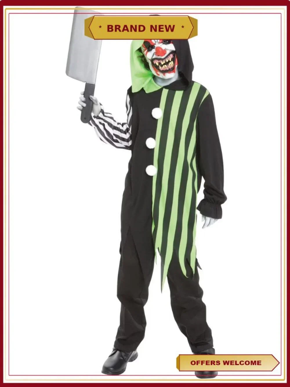 Child Halloween Clown Costume Hooded Robe Pants Mask 100% Polyester